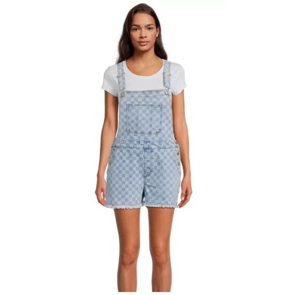 NO BOUNDARIES Denim Boyfriend Overalls Checkered Blue Juniors XL (15-17) - Picture 3 of 10